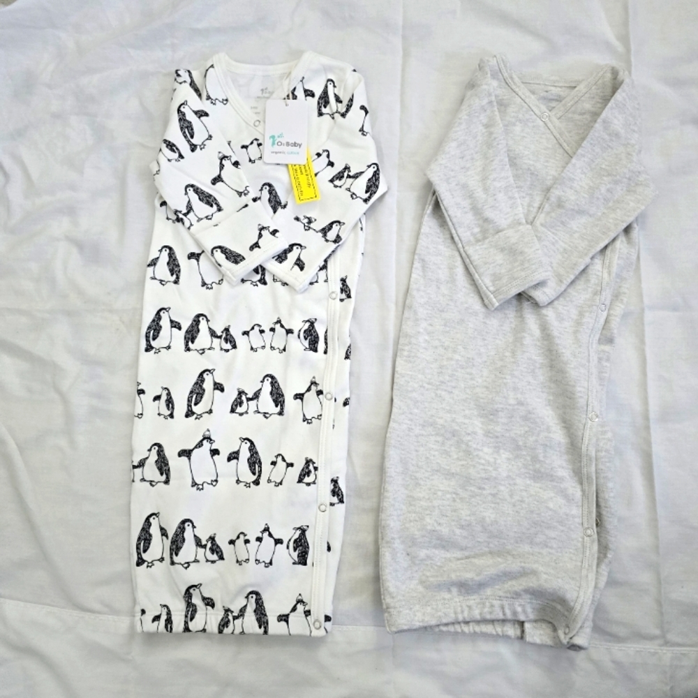 NWT 02 baby 100% Organic Cotton kimono gown with mittens and fold-over pouch